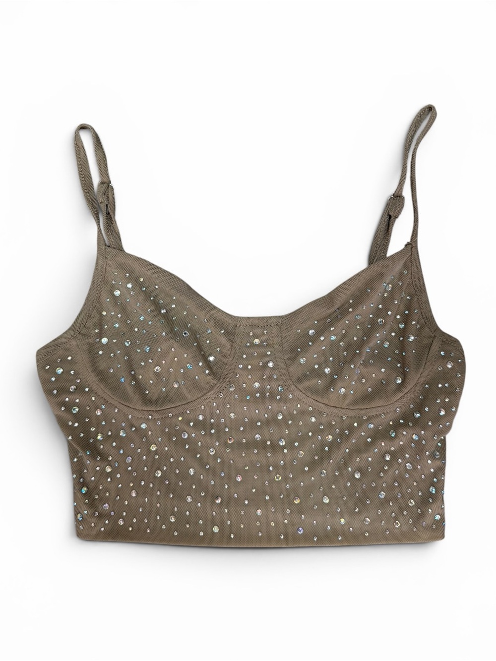 Salty Rhinestone Mesh Crop Top Brown Small
